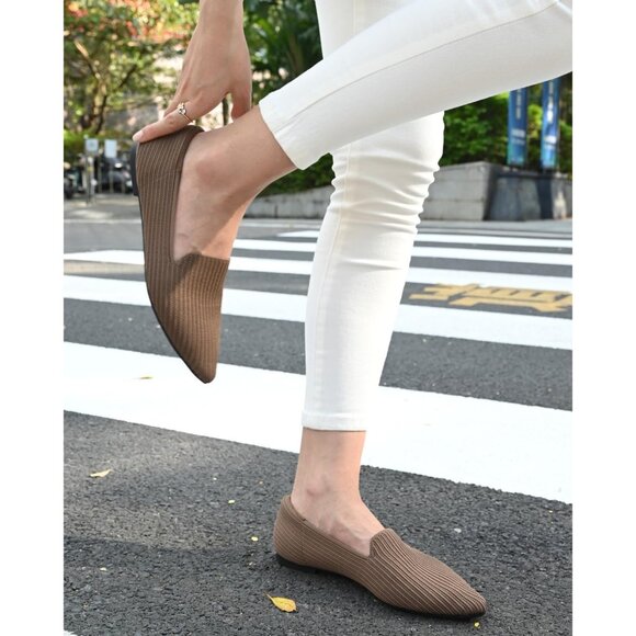 Brown Faux Suede Slip-On Knit Ballet Flats for Dressy Casual Office Work - Picture 5 of 8
